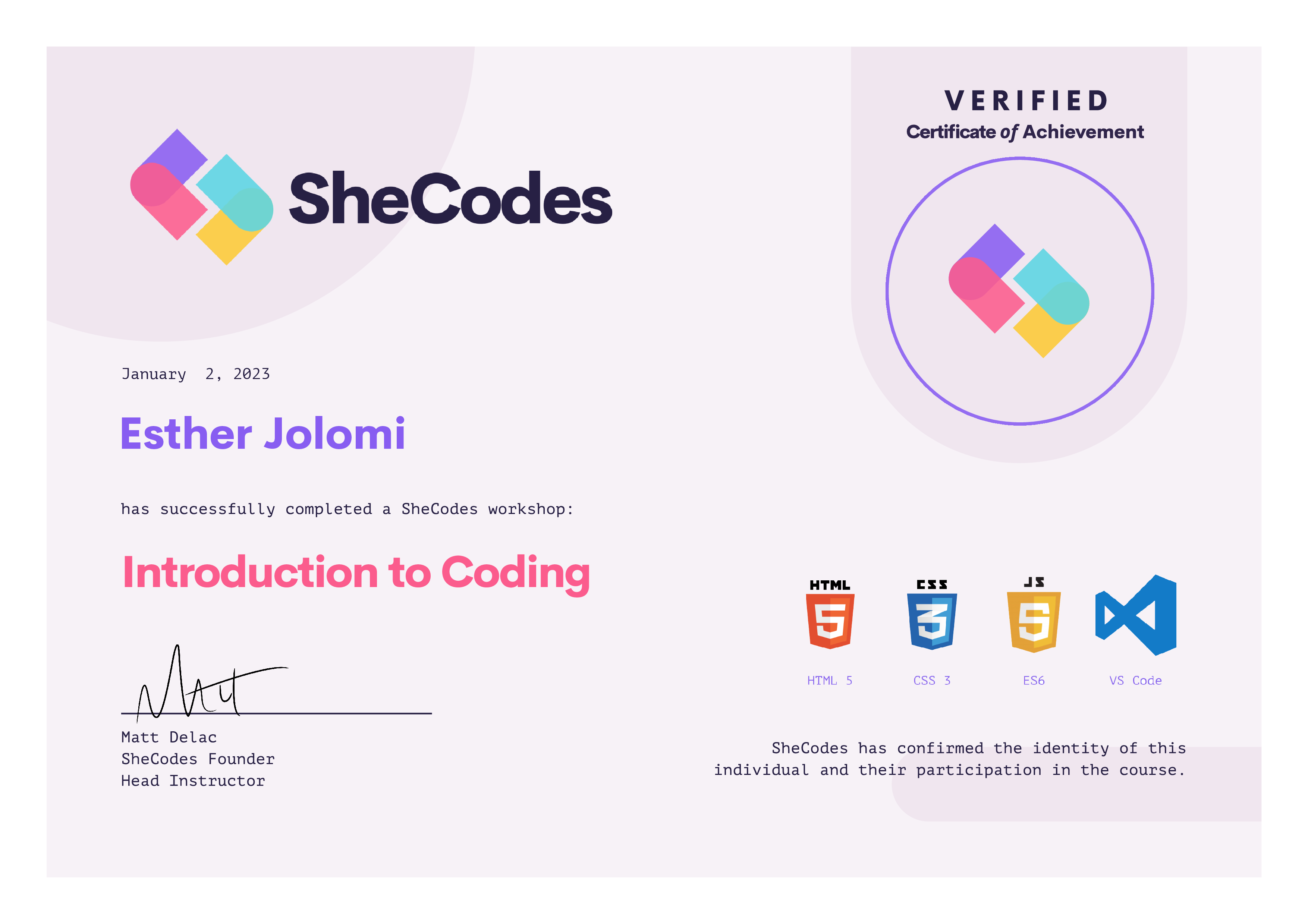 Intro to coding certificate from SheCodes